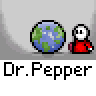 Animated Dr. Pepper buddy icon featuring a red cartoon character with white face and black eyes next to a blue-green Earth globe, showing sequential hand movements from neutral pose to pointing gesture and speech bubbles.