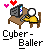 Pixel art of a figure in yellow clothing at a brown desk with a computer, two hearts above the head, and 'Cyber-Baller' text below.