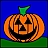 Pixelated orange pumpkin with carved black eyes, nose, and mouth on a blue background; green stem at top; green base beneath.
