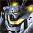 Pixelated static image of a robotic figure with glowing yellow eyes and a curved yellow mouth against a dark background.