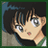 Pixelated anime-style character face with brown hair, large eyes, and a small pink mouth against dark background.