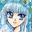 Anime-style character with light blue hair and closed eyes, wearing a blue outfit against a pixelated blue background.