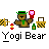 Pixel art animation featuring a brown bear mascot with green accessories holding a pink object, surrounded by small props and text elements on gray background.