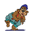 Brown cartoon bear in blue overalls and red suspenders, wearing a blue cap, performing sequential dance poses with mouth open and tongue out.