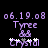 Pixelated purple text and symbols on black background with two identical frames showing '06.19.08', 'Tyree', '88', and 'Crystal' with slight variations in the 'Crystal' text.