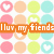 A grid of pastel-colored circular icons with heart symbols and an orange banner reading 'lluv my fiends' overlaid.