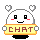 Pixel art character with white rounded head, black square eyes, red cheeks, and smiling mouth holding yellow sign reading CHRT against gray background.