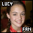 A pixelated image of a person with brown hair wearing a red top, with text overlays reading LUCY and FAN in different colors.