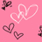 Pixelated pink background with multiple heart-shaped and abstract line icons in white and dark brown tones.