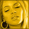 Pixelated static image of a woman's face with closed eyes, long blonde hair, and large hoop earrings rendered in yellow tones on a golden background.