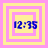 Four square display blue digital time text '12:35' on yellow backgrounds with pink borders, each having distinct border thicknesses