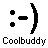 Two pixelated smiley face icons displayed side-by-side on a gray background with "Coolbuddy" text below each, showing slight differences in the mouth and eye details between frames.