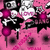 Pink background with repeating black-and-white skull motifs holding pink flowers, some skulls have 'G' text on them, and dark circular shapes scattered throughout.