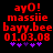 Red pixelated text on black background with purple asterisks, showing two identical frames of 'ayO! massie bayy.bee 01.03.08' and four purple asterisks below.