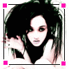 A person with dark hair and pale skin poses in a of six , hands near face, wearing black clothing against white background