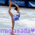 A female gymnast in a blue leotard performs a split on ice, with purple text reading 'mao asada' overlaid.