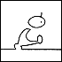 A black-and-white stick figure animation shows a character transitioning from crouching to standing, then walking and bending forward.