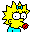 Pixelated yellow-haired character with blue bow and pants, holding red object in right hand across six sequential poses showing head turn from left to right.