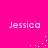 Four instances of the name "Jessica" in pixelated white text on a bright pink background, with scattered white dots forming partial arcs between them.
