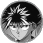 Two circular grayscale anime-style character portraits side-by-side, each with distinct spiky hair and facial features.