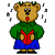 Pixelated cartoon bear in green sweater and blue skirt holding red book, standing against gray background with scattered black squares.