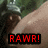 A pixelated image of a character with dark hair and green foliage background, displaying red text overlays in different states.