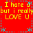 Red background with yellow text repeating 'I hate u but i really LOVE U' in four quadrants, bordered by cyan star and line patterns.