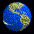 A pixelated globe animation showing Earth's rotation with blue oceans and beige landmasses, featuring white cloud-like streaks across the surface.