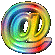 A circular @ symbol icon with rainbow gradient, transitioning through multiple 3D rotation states from full front view to side profile and back.