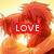 A pixelated image shows a red-haired figure with a bright orange and yellow background, featuring the word LOVE in white text on a red rectangle.