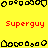 Yellow background with red 'Superguy' text and black pixelated shapes