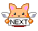 Pixelated orange creature with pink inner ears and white wings holds a sign reading NEXT against gray background.