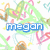 Pixelated abstract design with colorful swirling lines and heart shapes on white background, featuring blue text reading 'megan' in lower center.