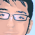 Pixelated close-up of a person's face with light skin tone, dark hair, and rectangular eyeglasses against a light blue background.