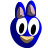 Blue cartoon character with large white eyes, black pupils, brown inner ears, and a yellow smile on a gray background.