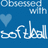 Blue background with white text 'Obsessed with softball' and a light blue heart symbol; adjacent white background with black text 'It's true'.