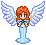 Pixelated angel with orange hair and blue dress stands on light blue base, wings spread wide against gray background.
