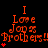 Red pixelated text on black background forms 'I Love Jonas Brothers!!' with small red hearts, arranged in a of six identical