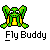 A 6-frame animated contact sheet of a green cartoon frog-like character with yellow belly, labeled "Fly Buddy" under each frame, showing various poses and interactions with small bird icons.