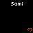 Black background with repeated white 'Sami' text and orange pixelated hearts floating upward.