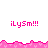 Pixelated pink text 'iLySm!!!' appears in multiple positions above and below a pink jagged border on a white background, with a gray area visible on the right side.