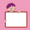 Cartoon character with purple spiky hair holds a white sign with red border; six variations show hand positions and text changes on the sign.