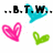 Animated icon with text fragments and heart symbols in cyan, pink, and green on white background.