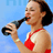 Pixelated static image of a woman in red bikini top holding black microphone against blue background.