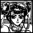 Black-and-white pixelated anime-style character icon with text elements on a black background, arranged in a contact sheet layout.