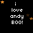 Black background with white text 'i love andy BOO!' repeated in a , surrounded by orange and brown stars that change position across frames
