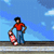 Pixelated animation sequence showing a character performing skateboard tricks on a concrete ledge against a blue sky background.