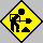 Two yellow diamond-shaped warning signs with black borders show a worker digging, one static and one animated with pixelated motion.