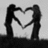 Two silhouetted figures form a heart shape with their arms against a gray background, next to pink pixelated text on a bright blue background.