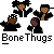 Pixelated cartoon figures in black suits with brown skin and dark hair, some holding hands or gesturing, under text reading "Bone Thugs" on gray background.